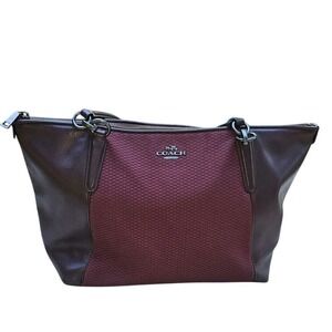 Coach Wine Burgandy Colored Satchel Tote Bag Leather and Cloth Medium Size
